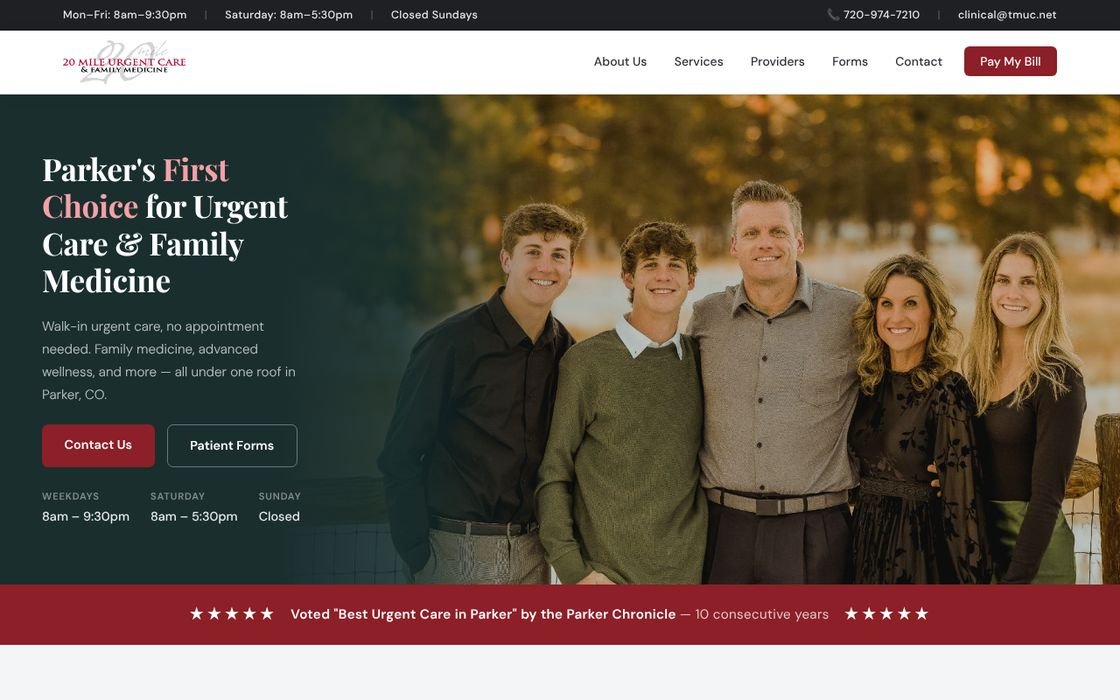 Homepage of 20 Mile Urgent Care and Family Medicine in Parker, Colorado